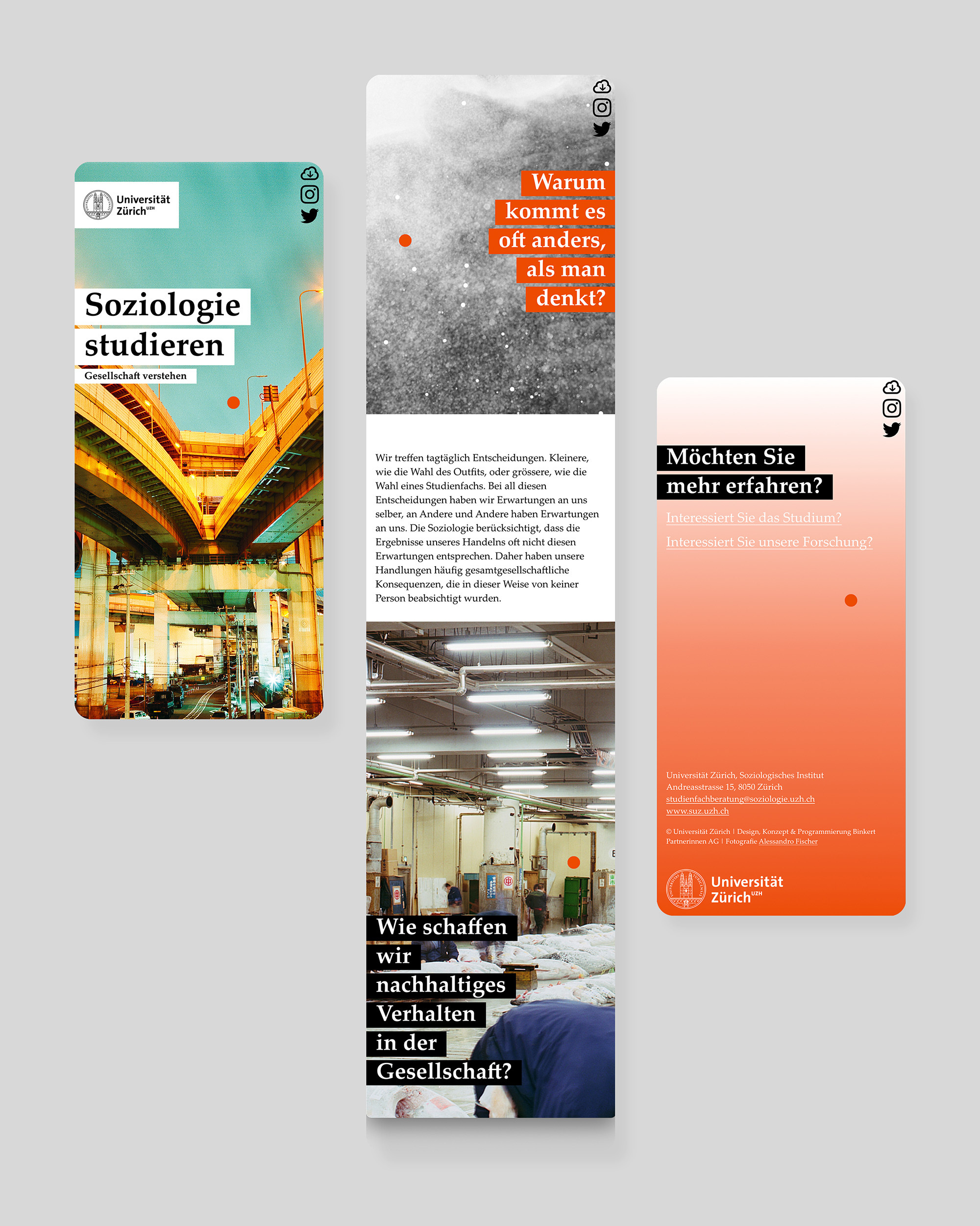 Mobile Screens zur Bewerbung des Studiengangs Soziologie an der Universität Zürich mit Informationen und Fragestellungen zur Gesellschaftsanalyse.