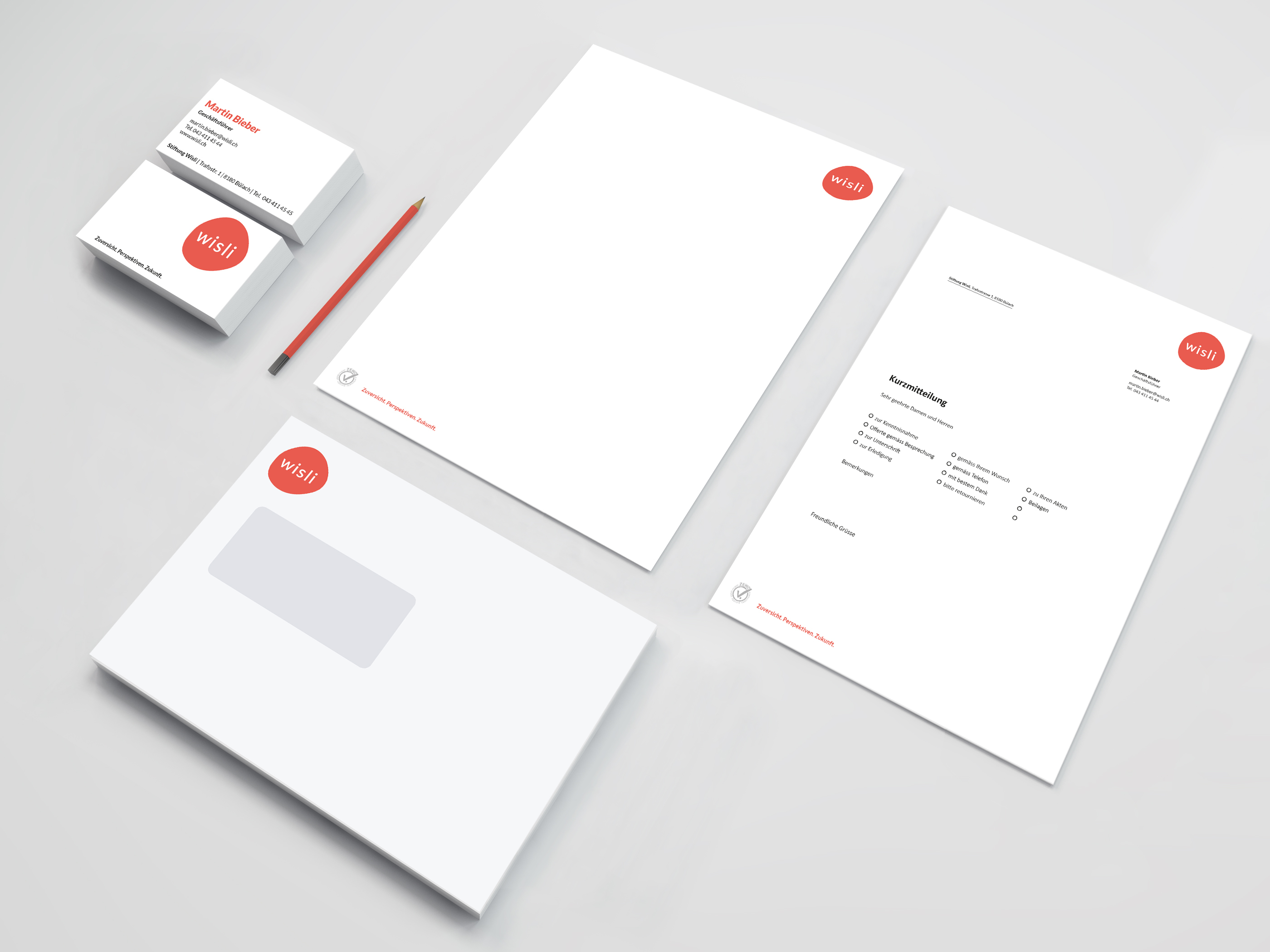 Briefpapier-Set der Stiftung Wisli mit Logo und schlichter Gestaltung.