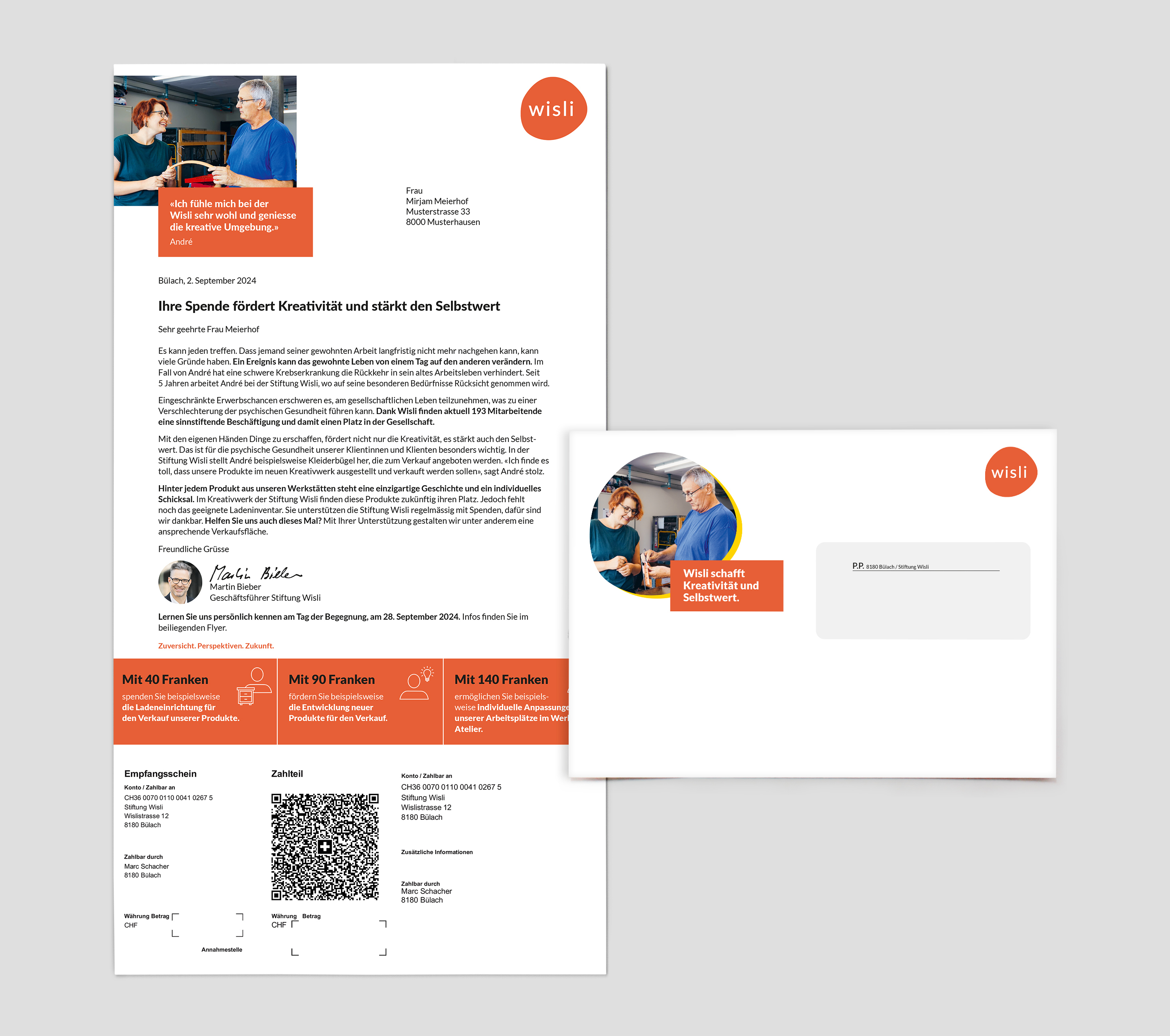 Fundraising-Brief und Couvert der Stiftung Wisli mit dem Aufruf zur Förderung von Kreativität und Selbstwert.
