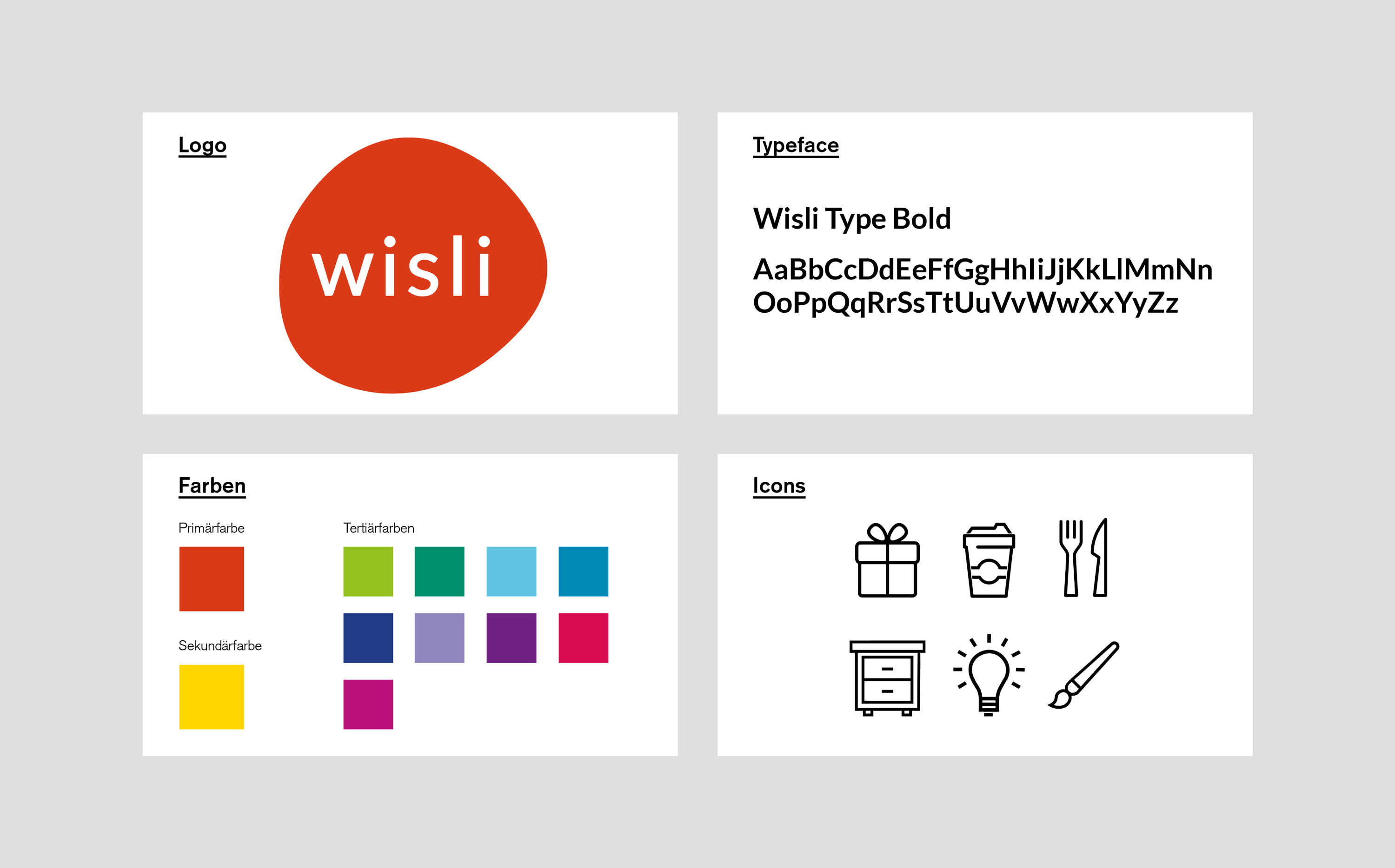 Markenübersicht der Stiftung Wisli mit Logo, Schriftart, Farbpalette und Icons.