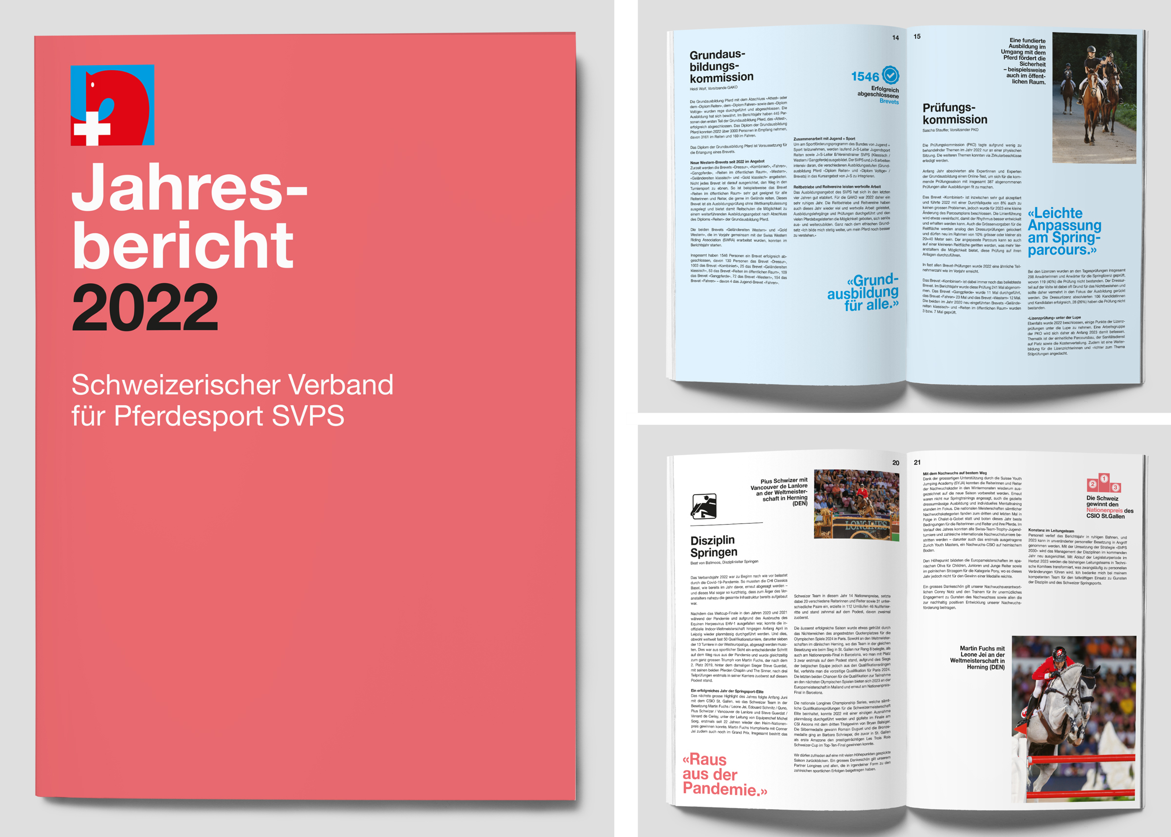 Titelseite und Innenseiten des Jahresberichts 2022 des Schweizerischen Verbands für Pferdesport, mit Schwerpunkt auf Ausbildung, Prüfungen und Disziplinen wie Springreiten.