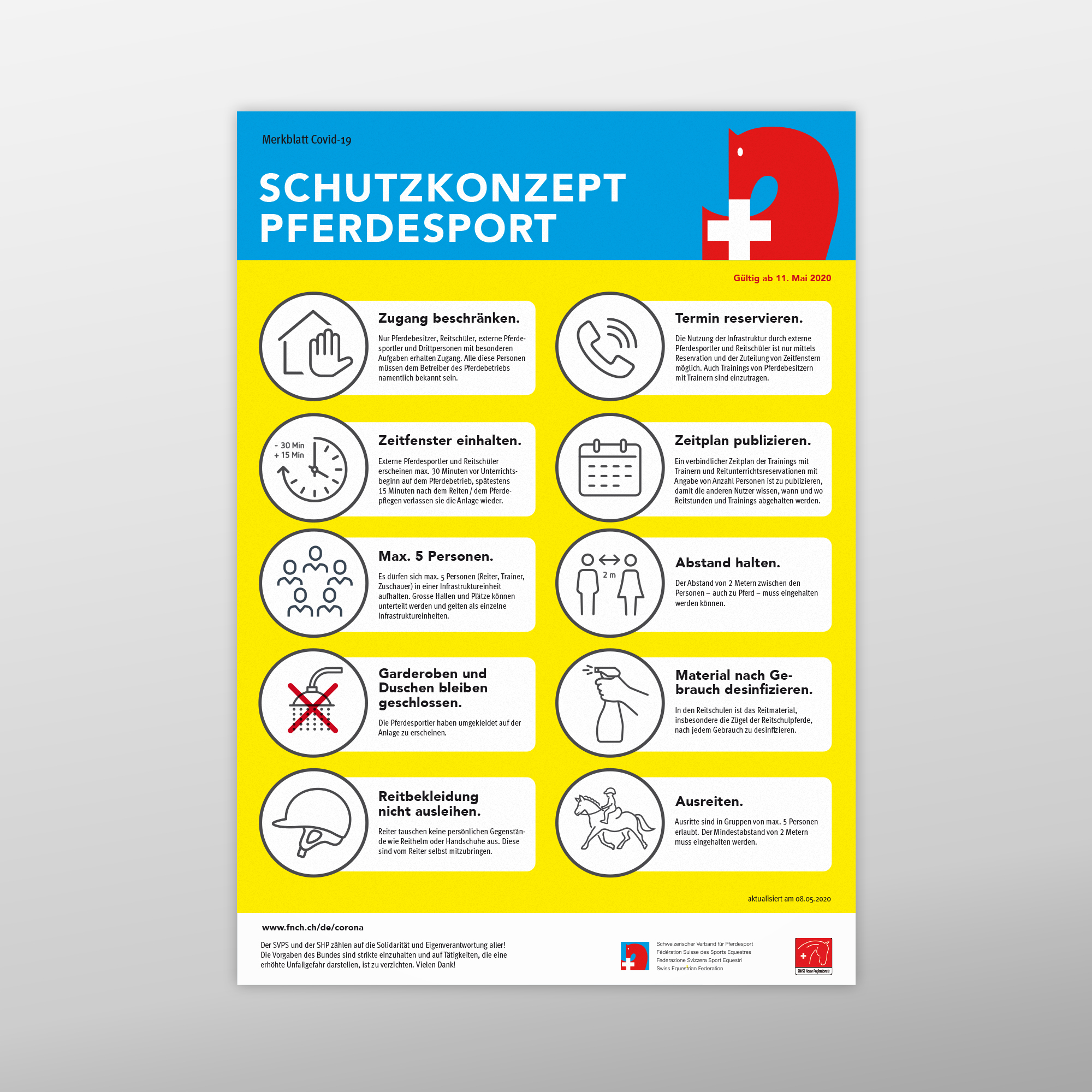 Schutzkonzept für den Pferdesport während Covid-19 mit Piktogrammen und Anweisungen zu Hygiene- und Abstandsregeln.