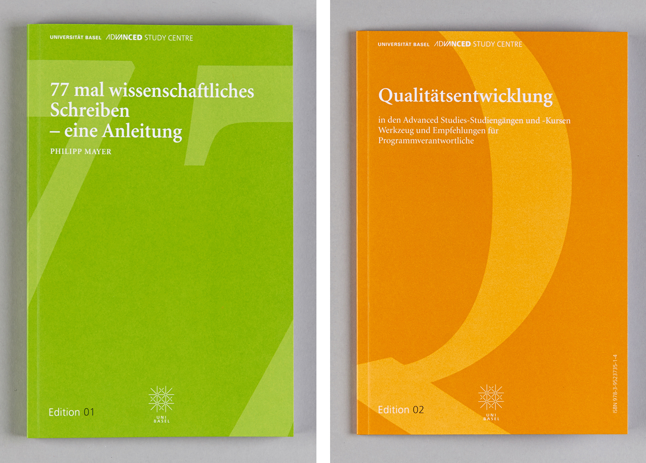 Publikationen des Advanced Study Centre der Universität Basel mit den Titeln "77 mal wissenschaftliches Schreiben – eine Anleitung" und "Qualitätsentwicklung in den Advanced Studies-Studiengängen und -Kursen".
