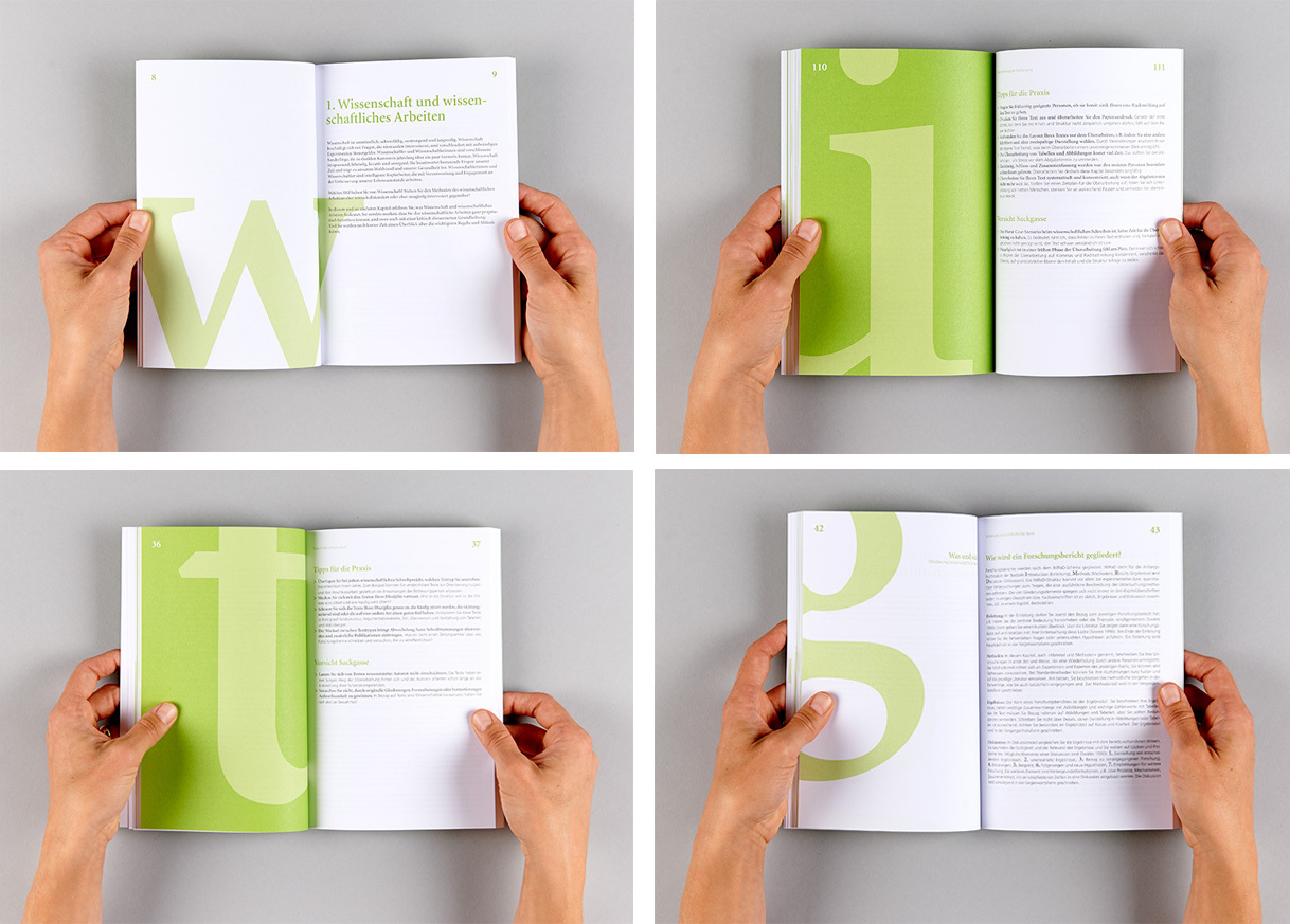 Aufgeschlagene Seiten eines Buches mit hellgrünen Gestaltungselementen und Text zum Thema wissenschaftliches Arbeiten.