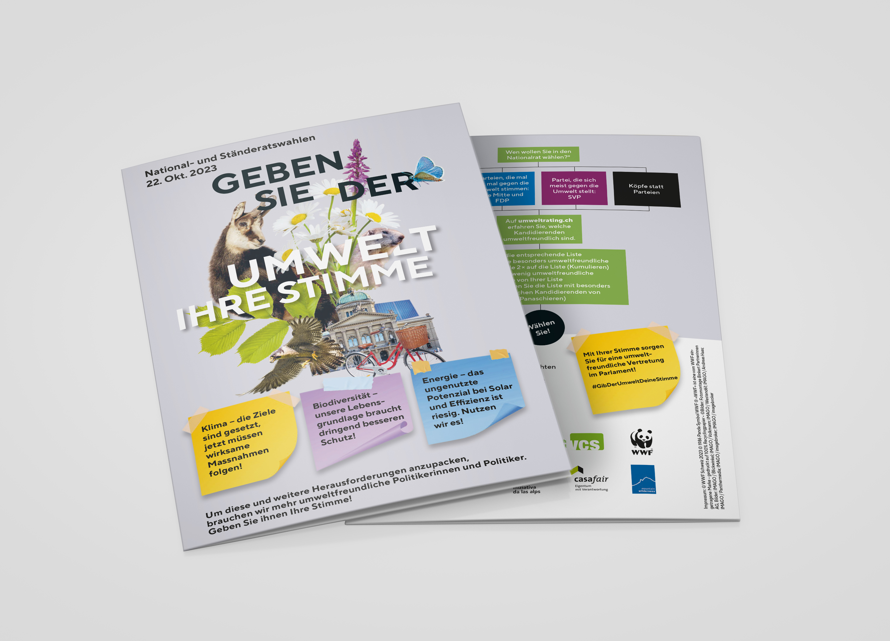 Flyer zur Umweltkampagne "Geben Sie der Umwelt Ihre Stimme" mit Informationen zu Klimaschutz, Biodiversität und nachha