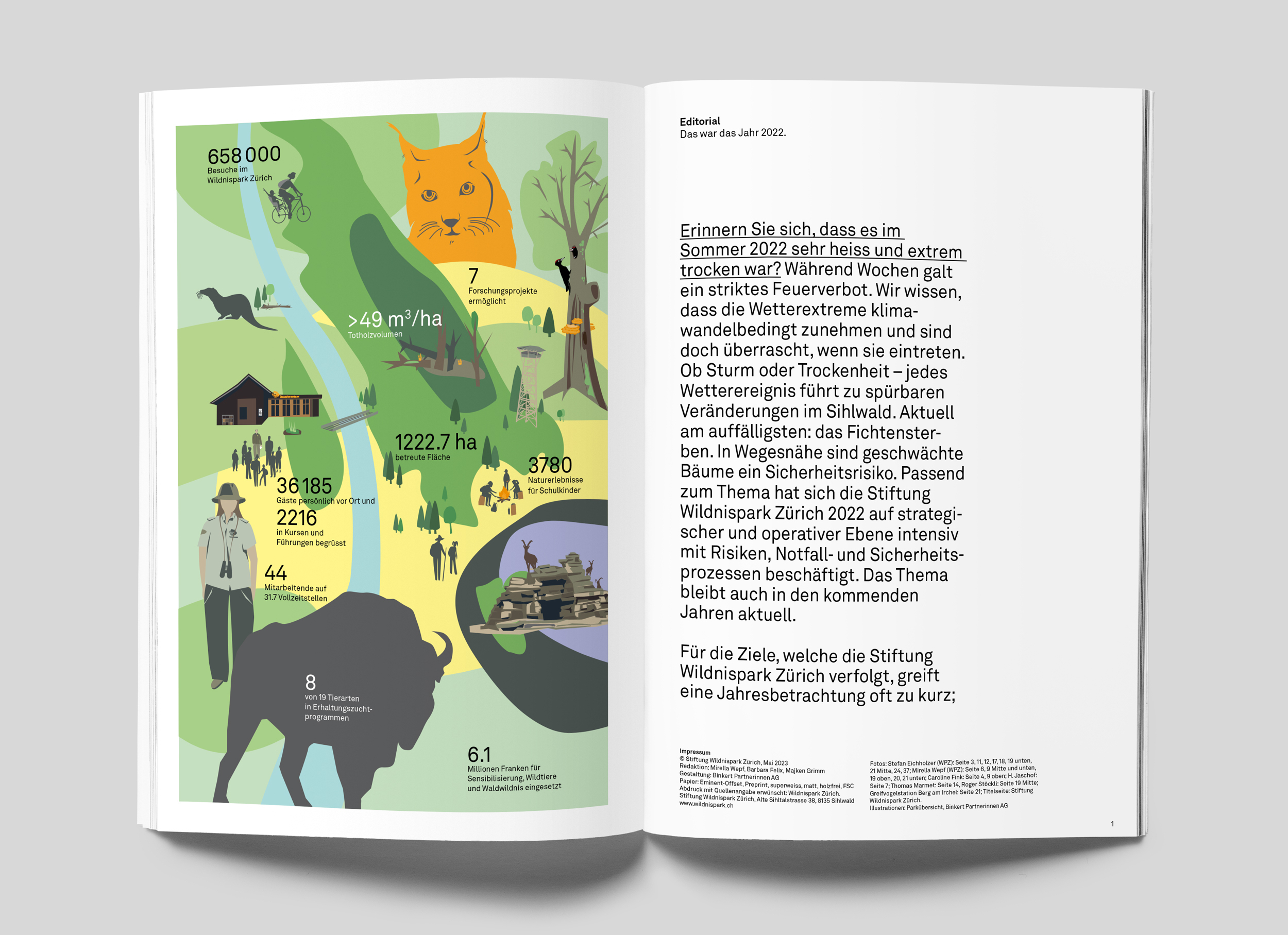 Infografik und Editorial im Jahresbericht des Wildnisparks Zürich 2022.