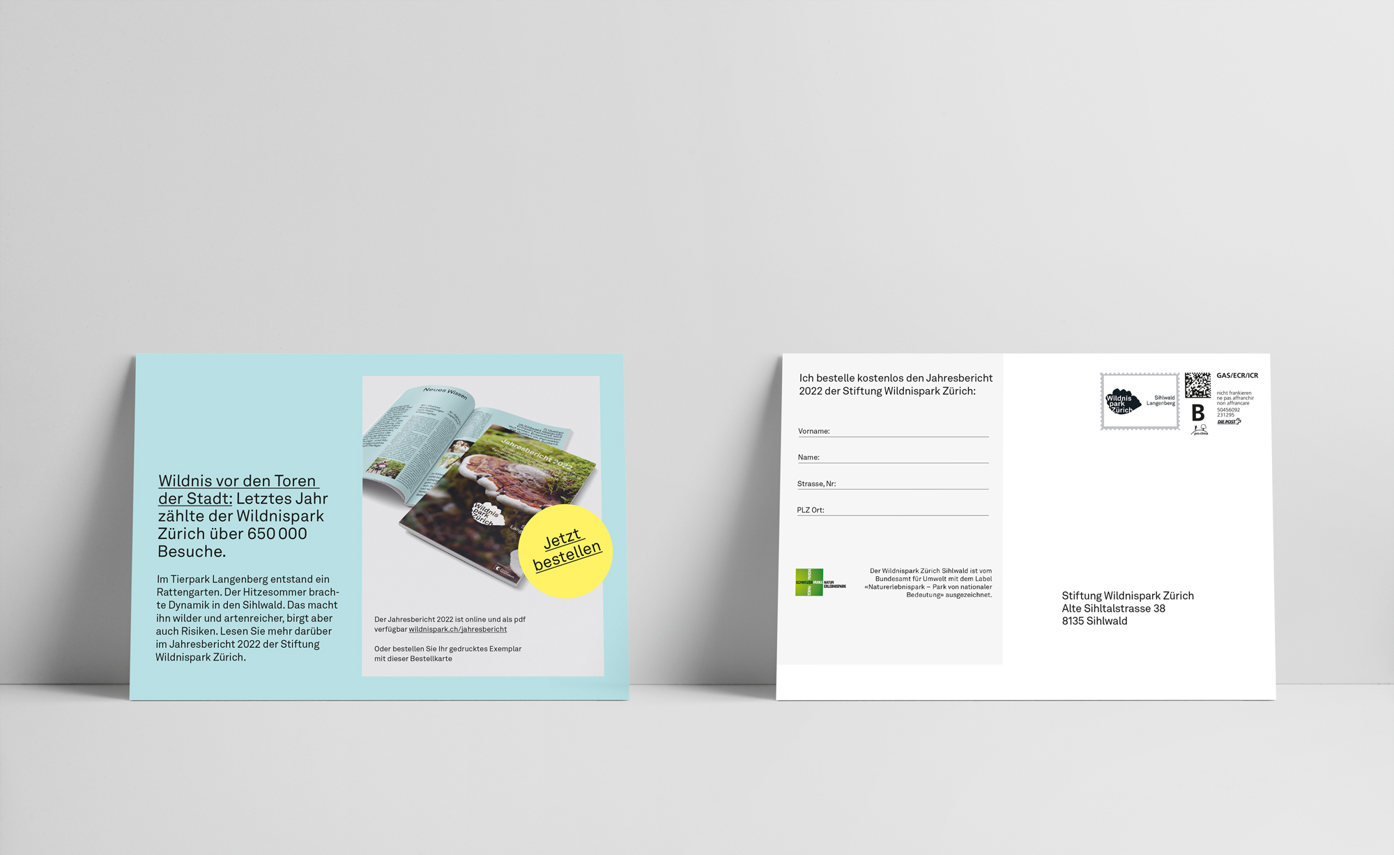 Postkarte zur kostenlosen Bestellung des Jahresberichts 2022 des Wildnisparks Zürich.